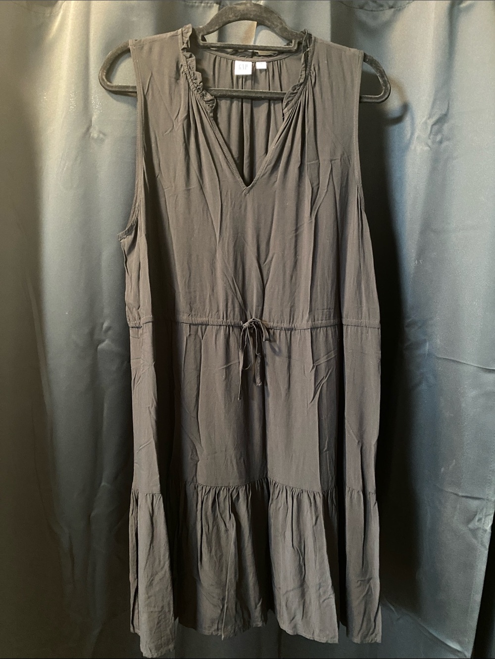 GAP Black Dress with V-Neck, Ruffles, and Drawstring Waist